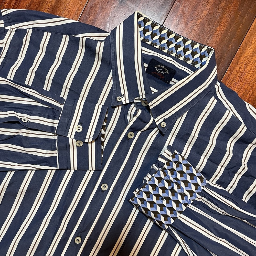Paul & Shark Yachting Shirt Mens XL 17.5 44 Blue White Striped Flip Cuff Button
